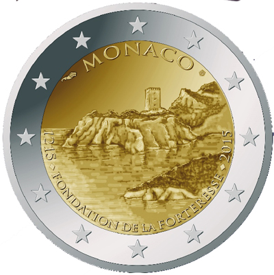 2 Euromunt van Monaco uit 2015 met het motief 800ste verjaardag van de bouw van het eerste kasteel op de rots